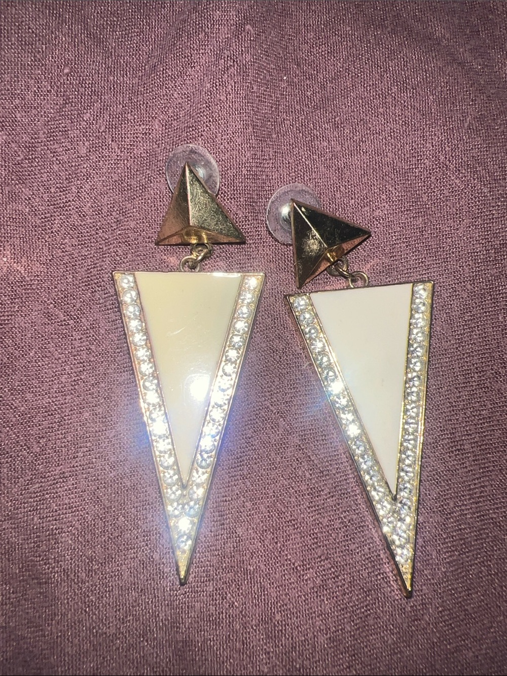 White and Gold Triangle Drop Earrings with Crystal Accent